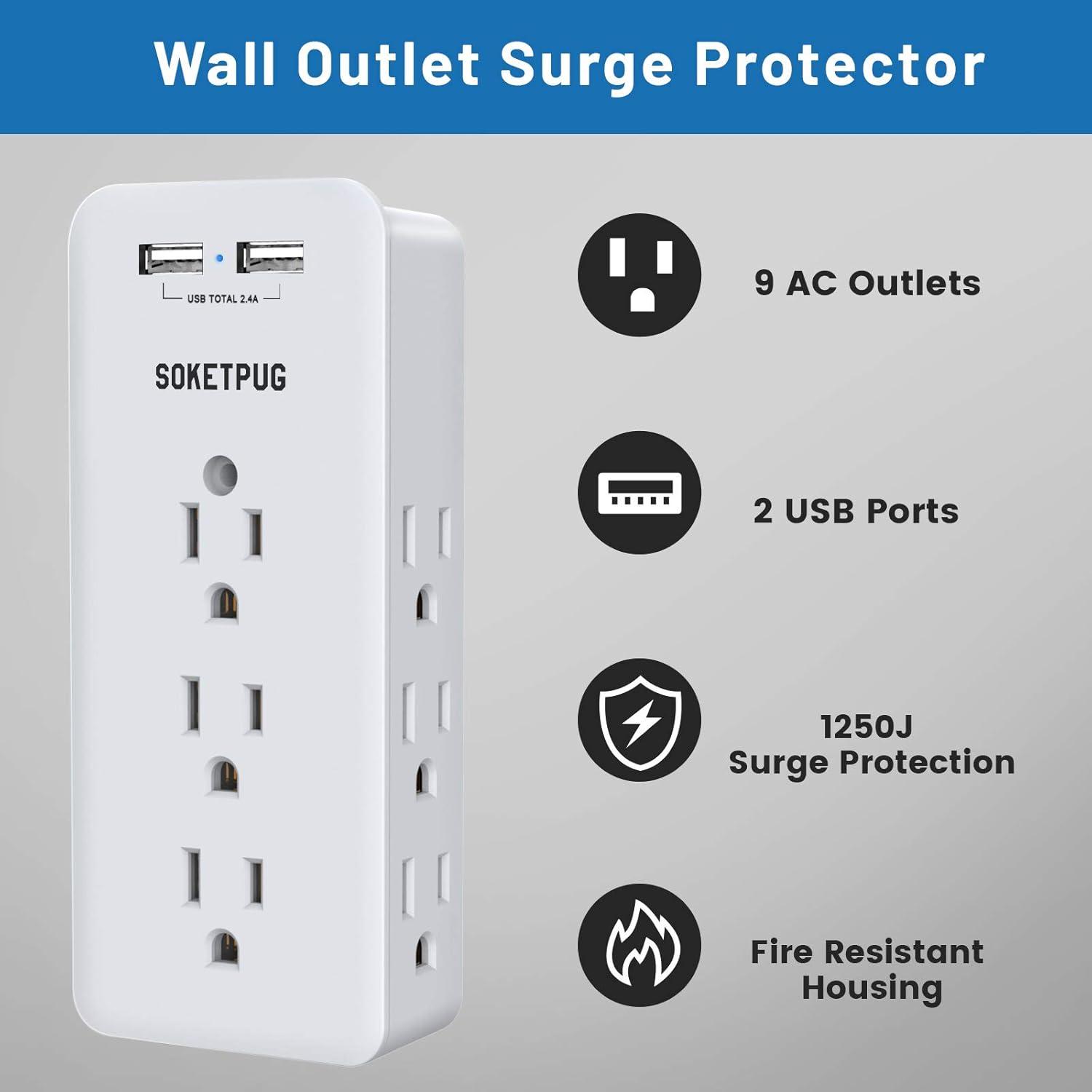 White 9-Outlet Surge Protector with USB Ports