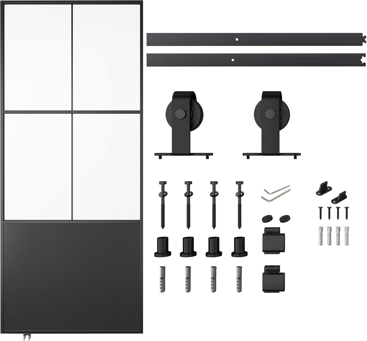 Metal and Glass Sliding Barn Door with Installation Hardware Kit ( Soft-close Included)