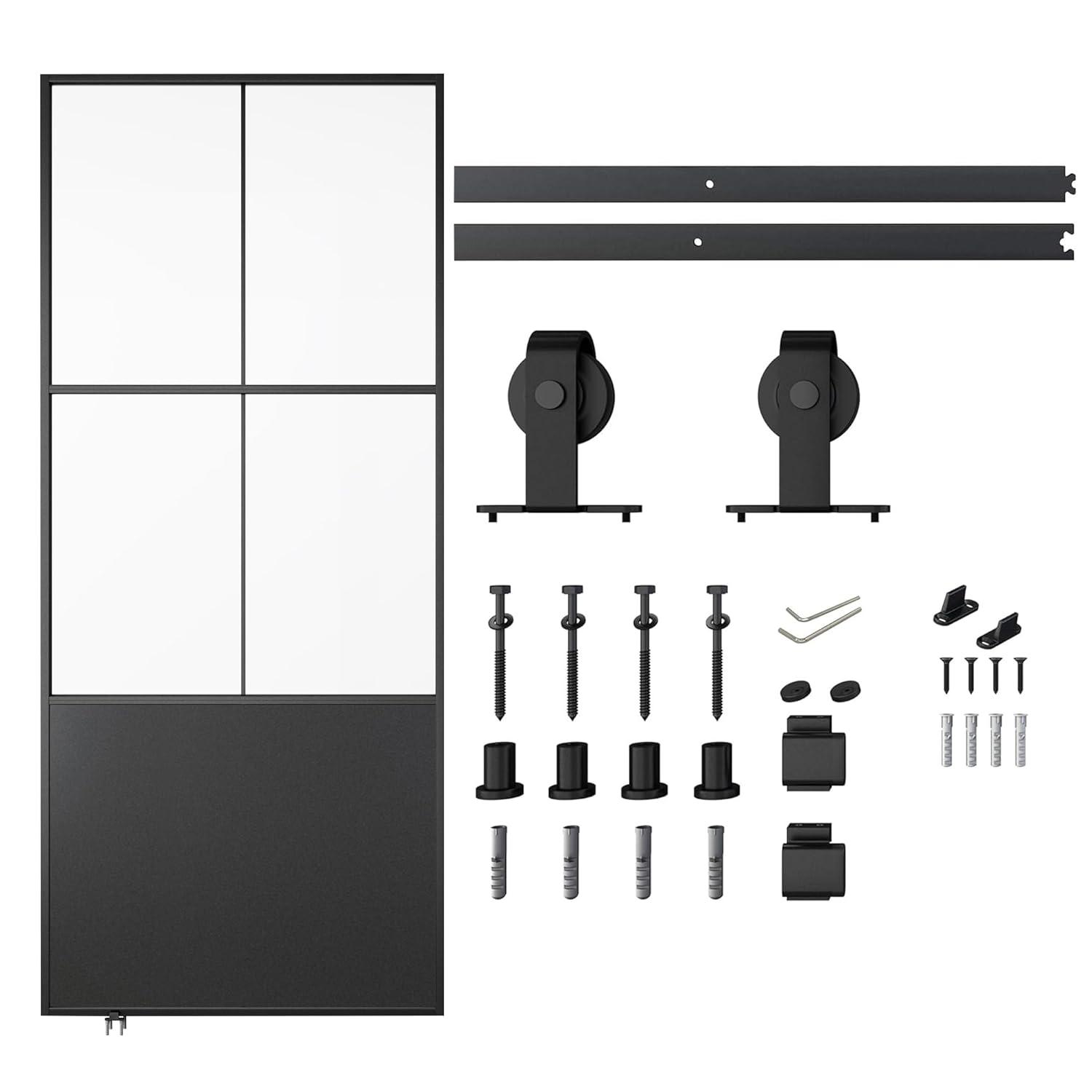 Metal and Glass Sliding Barn Door with Installation Hardware Kit ( Soft-close Included)