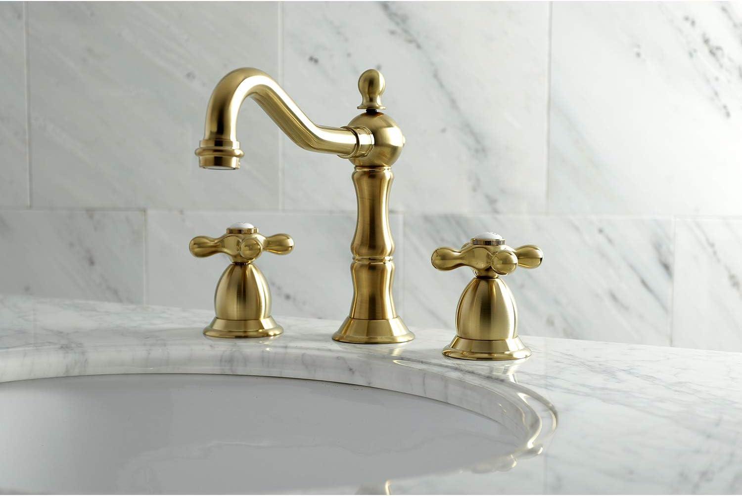 Kingston Brass Heritage Two-Handle 3-Hole Deck Mount Widespread Bathroom Faucet with Brass Pop-Up Drain