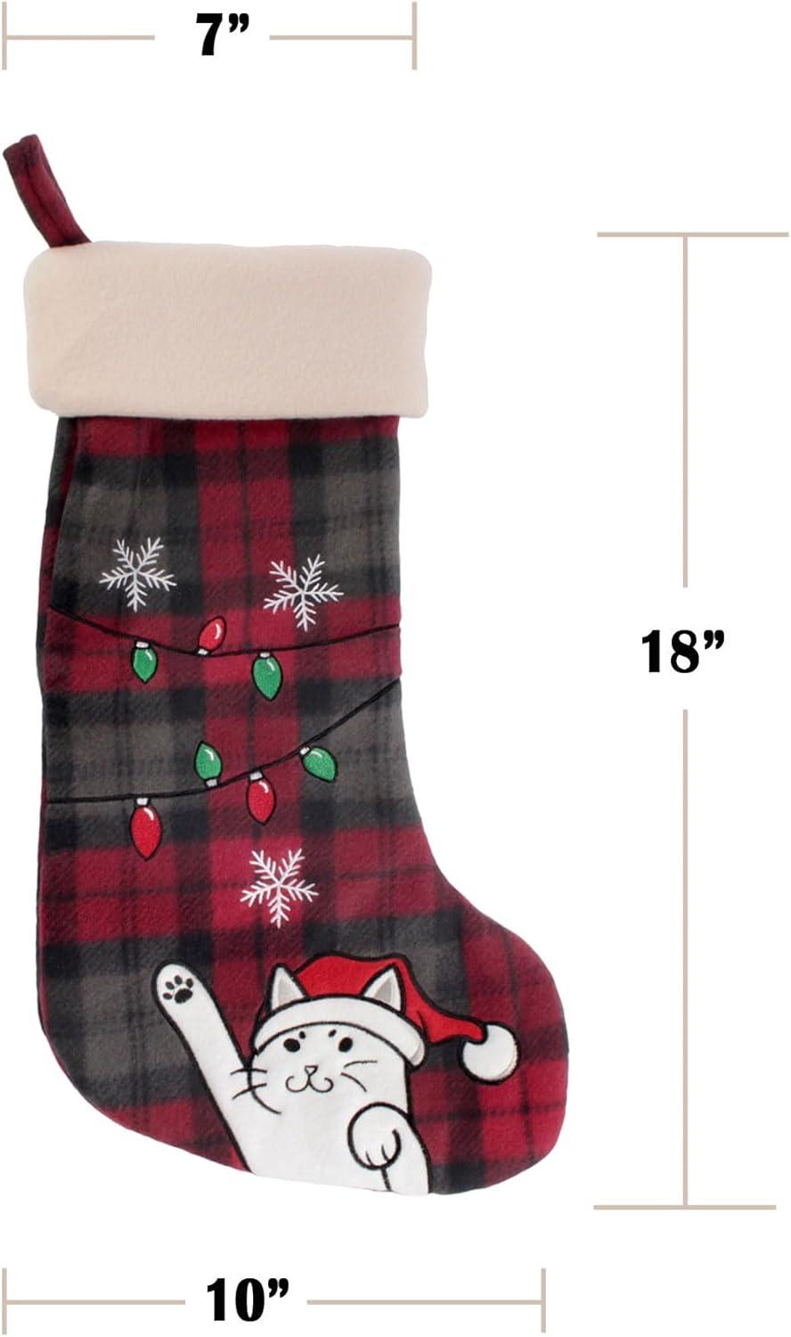 BambooMN 1 Pc Set 18" Classic Hand Embroidered Sequined Cute Animal Christmas Stocking, 16 Naughty Cat Plaid