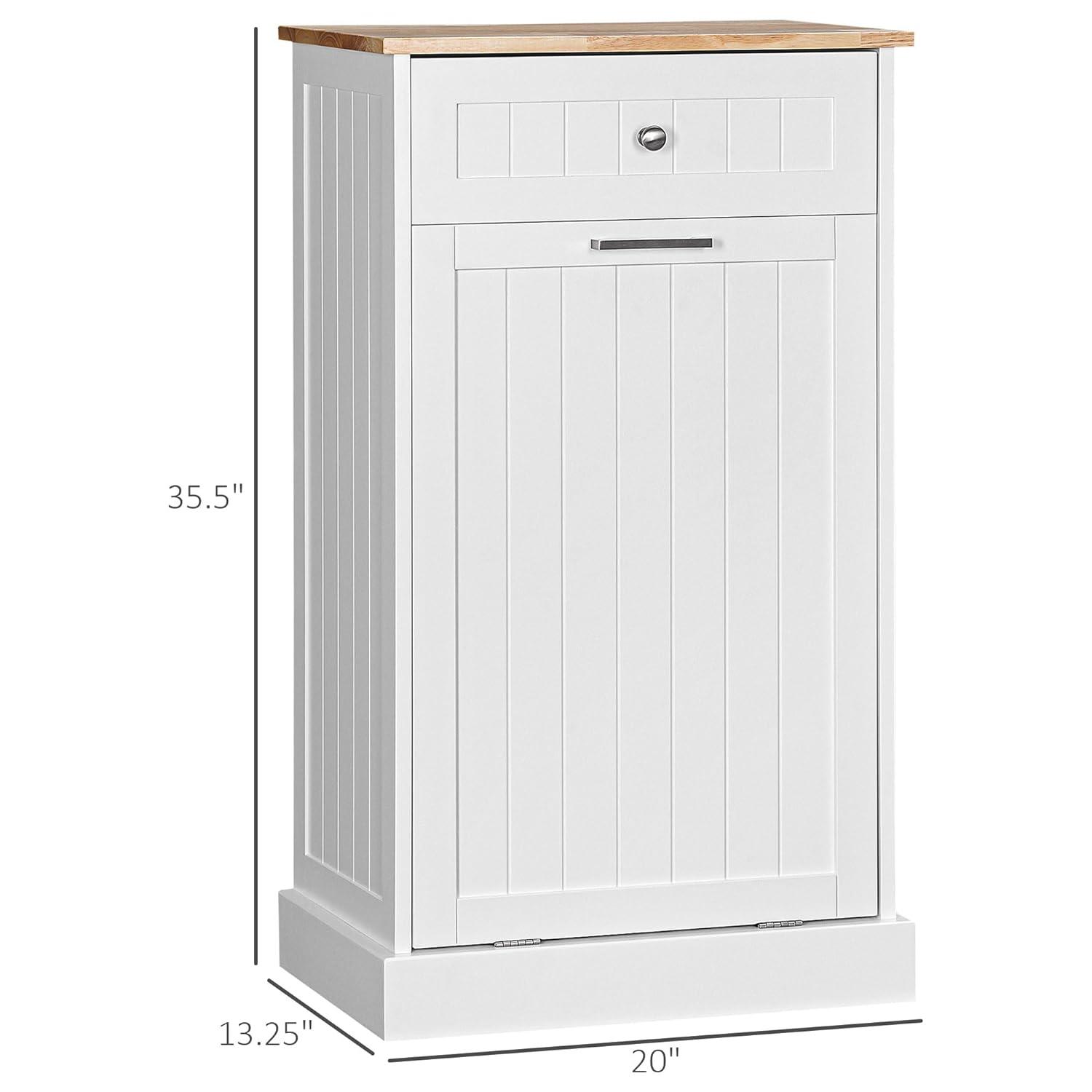 HOMCOM Kitchen Tilt Out Trash Can Holder Cabinet With Drawer, White Oak