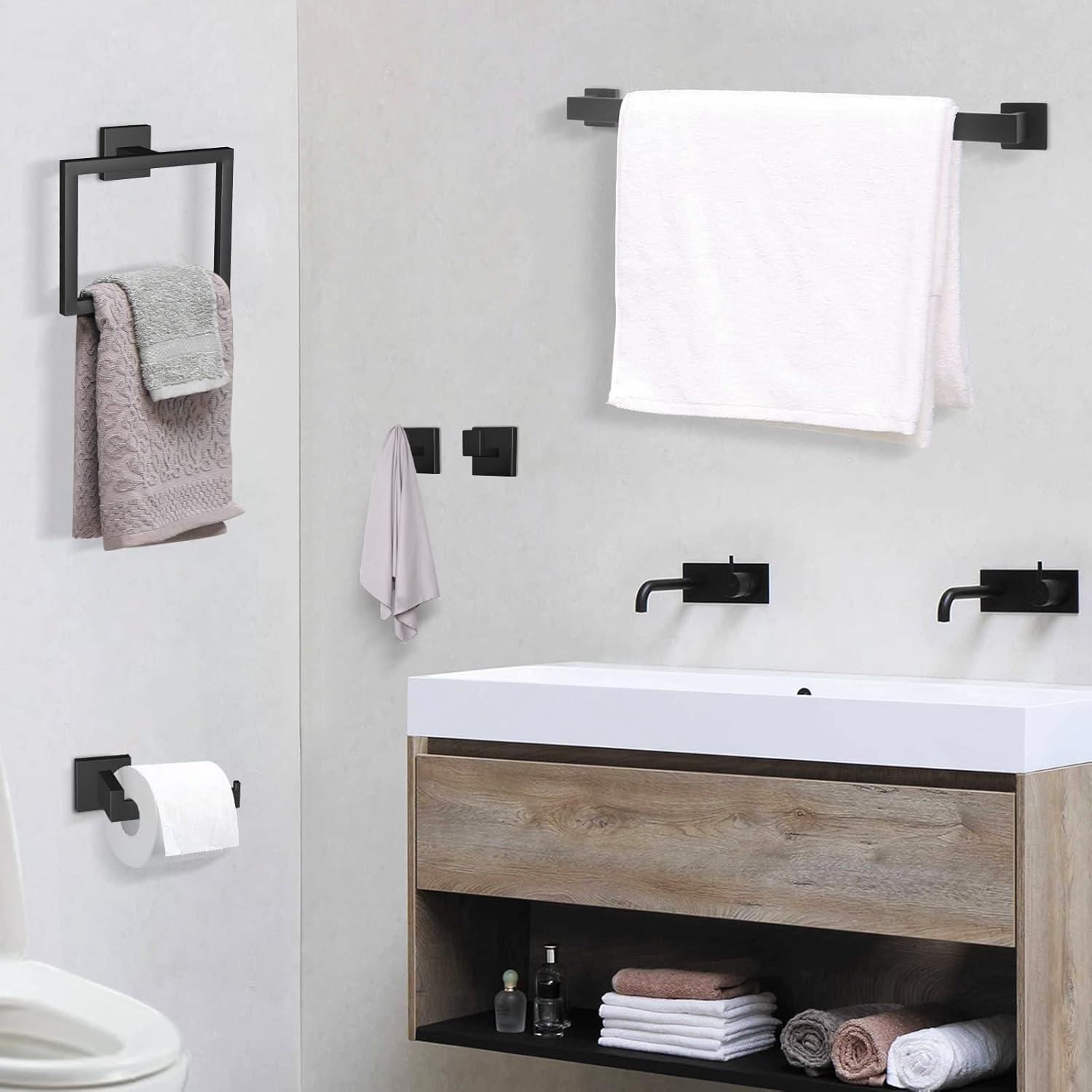 Matte Black Bathroom Hardware Set,5-Piece Towel Racks for Bathroom 23.6" Wall Mount Bathroom Accessories Include Towel Bar,Towel Rack Ring,Toilet Paper Holder,2*Robe Hook