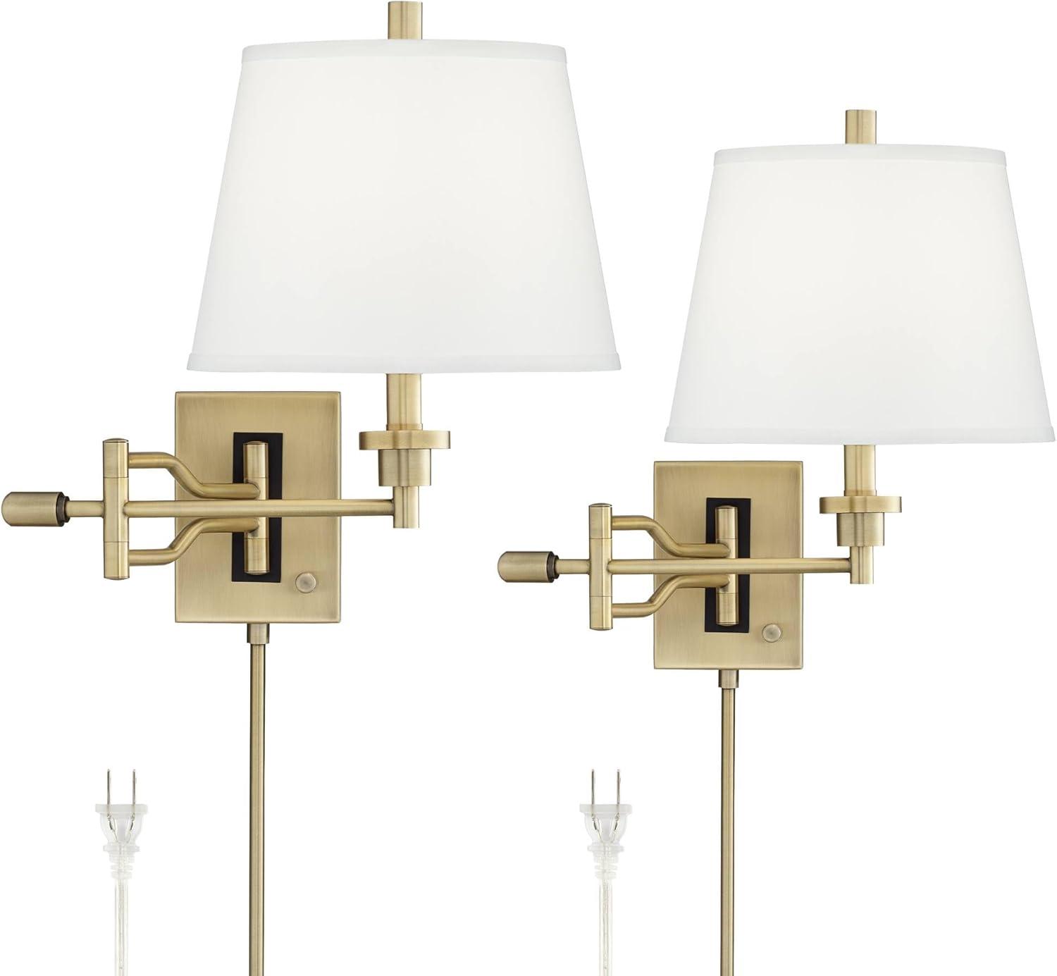 Barnes and Ivy Eleganta Vintage Swing Arm Wall Lamps Set of 2 Brushed Satin Brass Plug-In Light Fixture White Linen for Bedroom