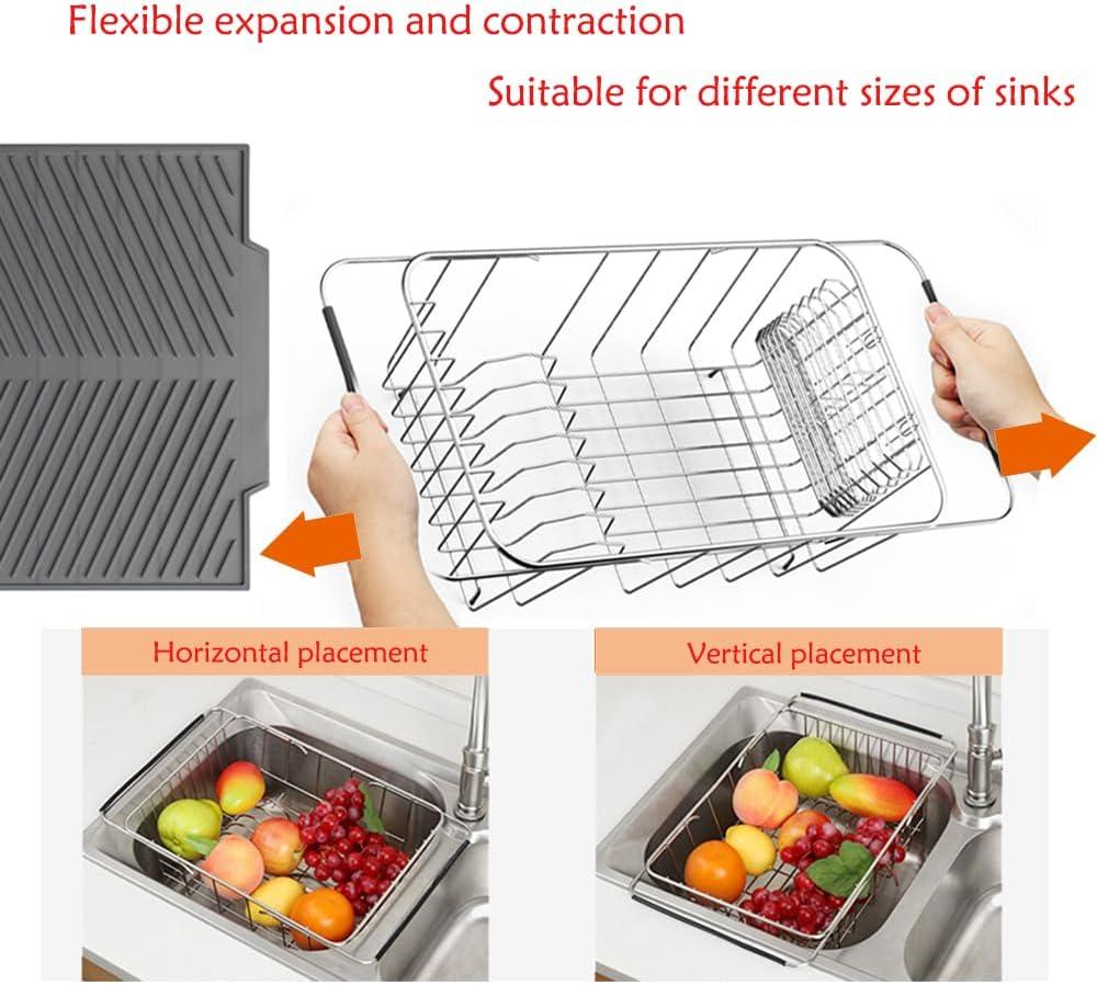 Over The Sink Dish Drying Rack with Utensil Holder and Silicone Drainage pad (Small + 16" Silicone pad)