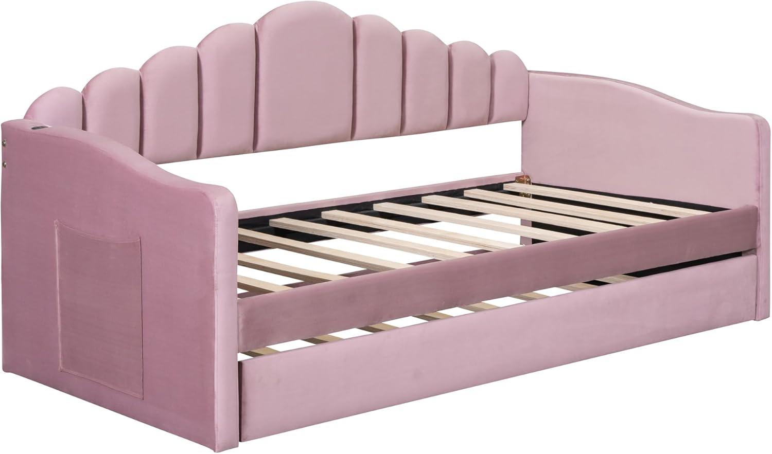 Pink Velvet Twin Daybed with Trundle and Storage