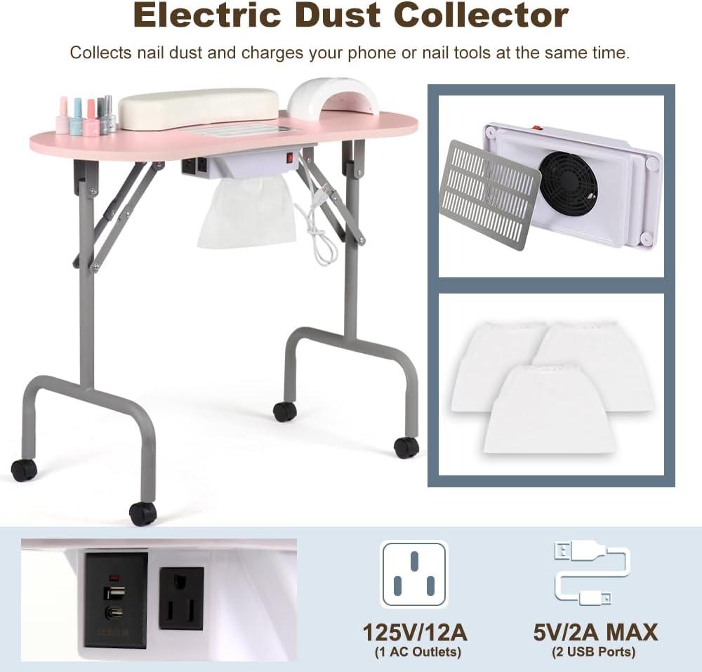 Portable Manicure Table Foldable Nail Desk with Large Drawer Nail Tech Table for Technician Salon Workstation Client Wrist Cushion/Carry Bag/4 Lockable Wheels, 36-inch, Pink