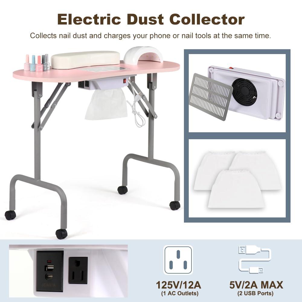 Portable Manicure Table Foldable Nail Desk with Large Drawer Nail Tech Table for Technician Salon Workstation Client Wrist Cushion/Carry Bag/4 Lockable Wheels, 36-inch, Pink