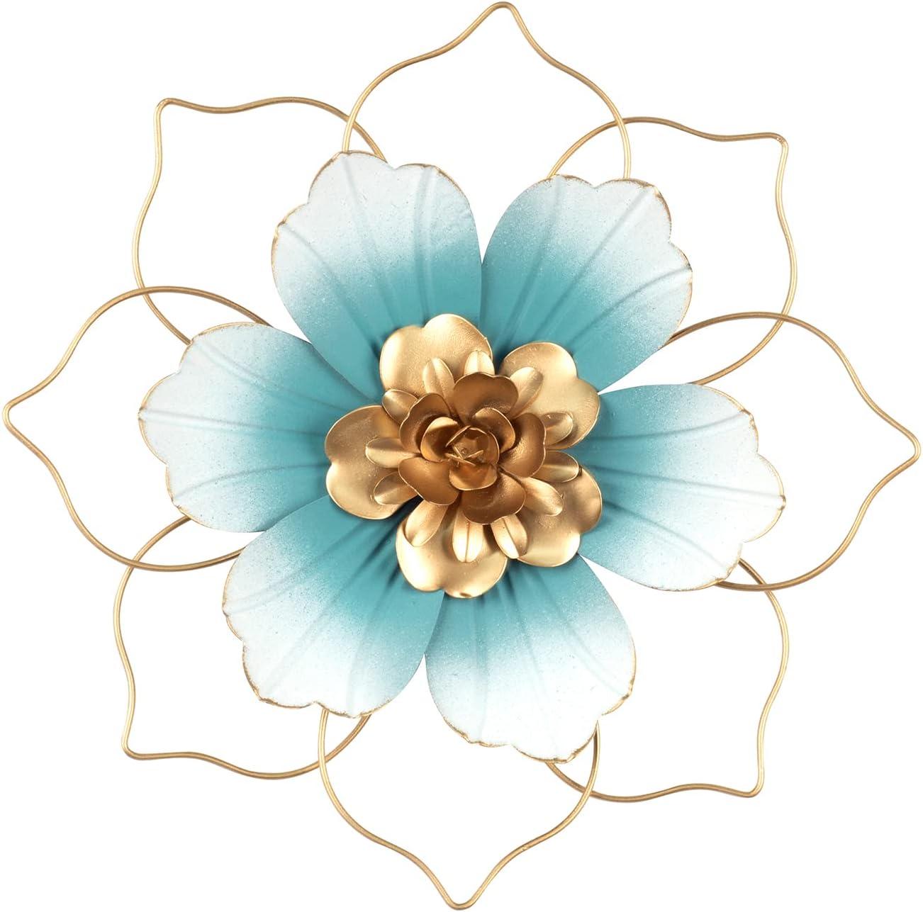 Reflinto Metal Flower Wall Decor, Modern Iron Floral Wall Art Sculpture Farmhouse Hanging Decoration for Home Living Room, Bathroom, Kitchen, indoor, Patio Porch - Blue, 9.5"…