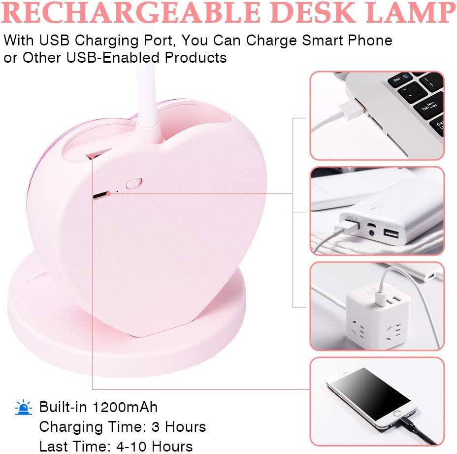 LED Desk Lamp for Kids, Small Desk Lamp with USB Charging Port & Pen Holder and Phone Stand, Cute Lamp with 2 Color Modes,Eye-Caring Study Table Lamp Pink for Girls College Dorm Bedroom Reading