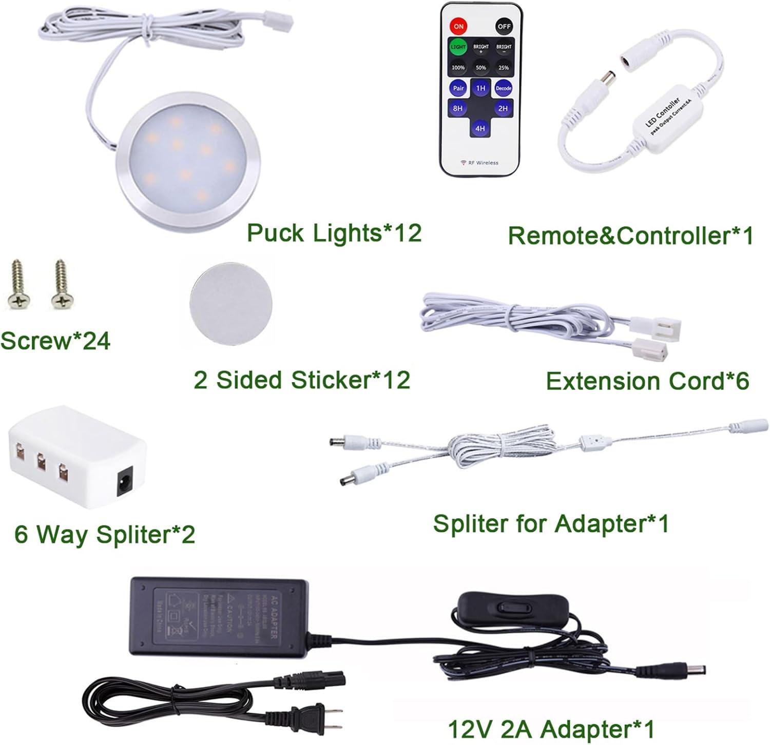 AIBOO Linkable Under Cabinet LED Lighting 12V Dimmable Puck Lights with Wireless RF Remote Control, Hardwired & Wall Plug in for Counter Lighting(6 Lights, Warm White)