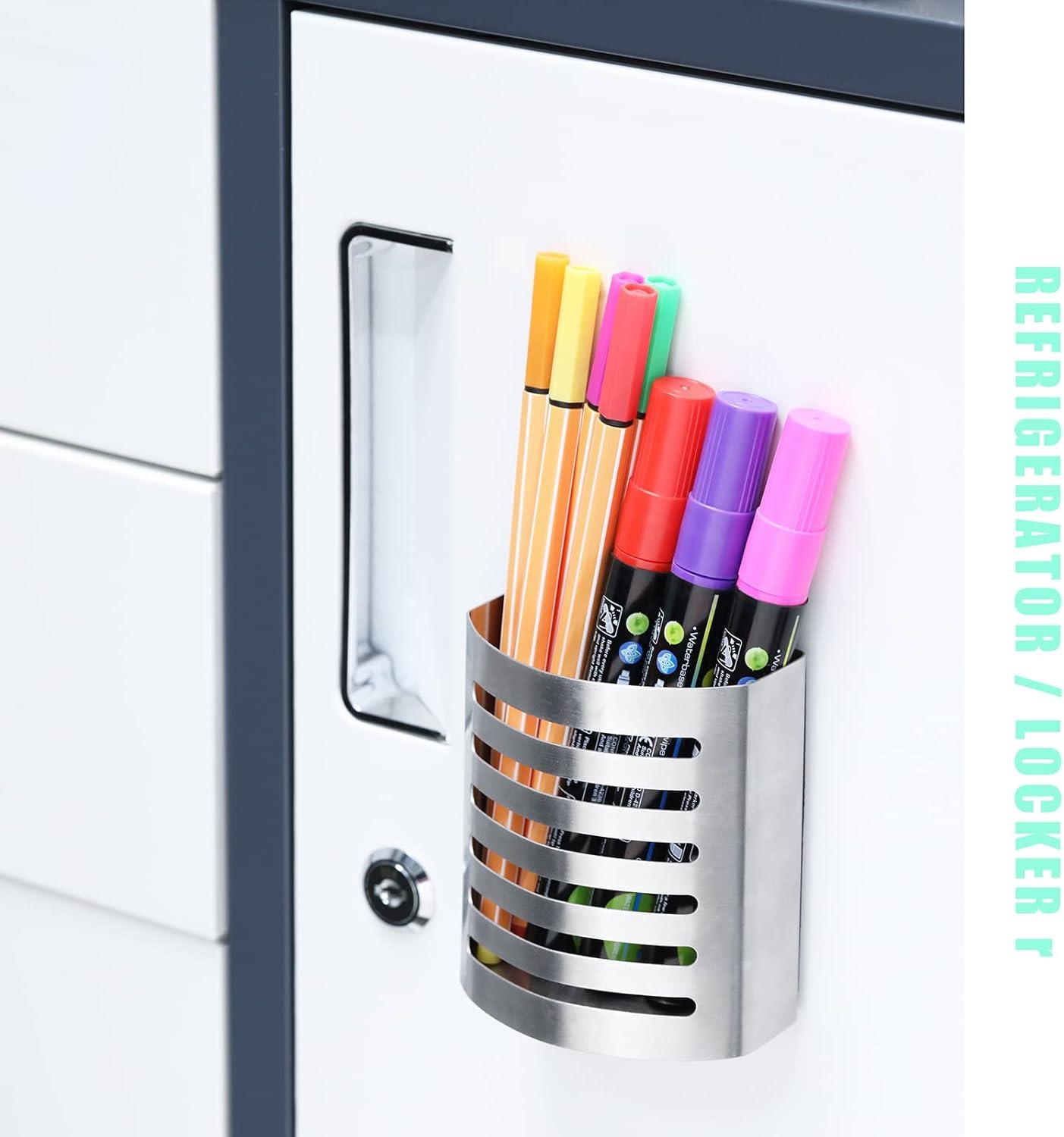 Magnetic Modern Pen and Pencil Holder, Metal Writing Utensil Storage Organizer for Kitchen, Locker, Home, or Office, 3.25" x 1.75" x 3.50", Brushed Stainless Steel