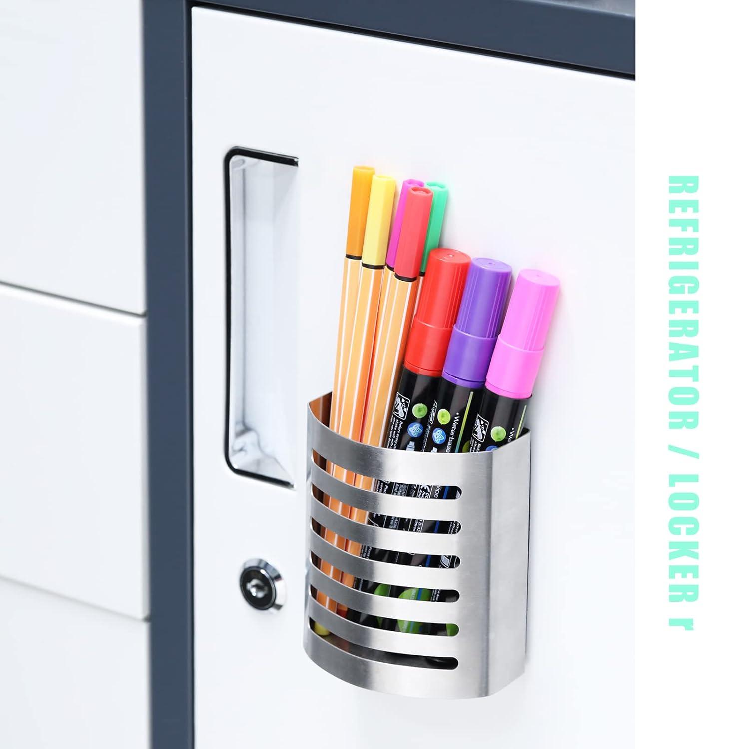 Magnetic Modern Pen and Pencil Holder, Metal Writing Utensil Storage Organizer for Kitchen, Locker, Home, or Office, 3.25" x 1.75" x 3.50", Brushed Stainless Steel