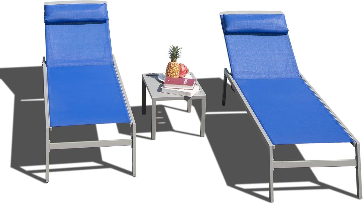 Blue Aluminum Armless Chaise Lounge Set with Side Table