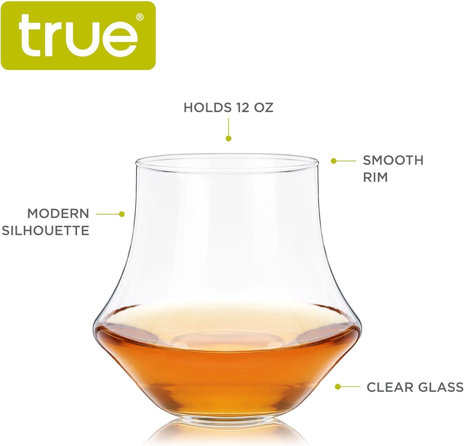 True Whiskey Glasses, Tumblers for Bourbon, Scotch, Curved Stylish Whisky Sipping Glass, 12 Ounces, set of 4