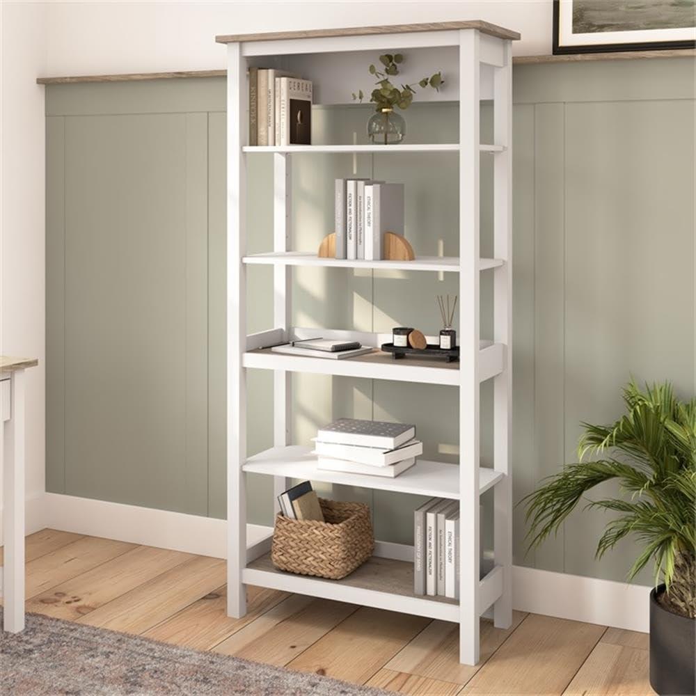 Mayfield Tall 5 Shelf Bookcase in Pure White and Shiplap Gray - Engineered Wood