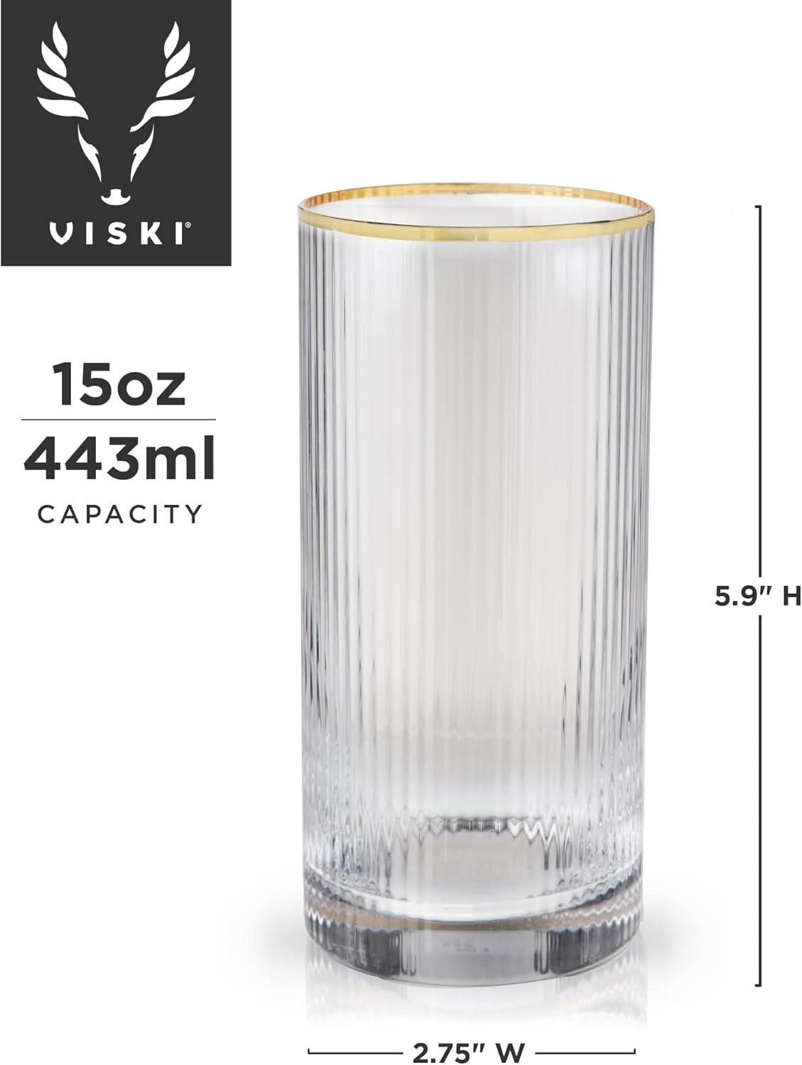 Viski Meridian Highball Glasses Set of 2 - Vintage Drinking Glass, Art Deco Ripple Glassware Design, 15oz Gold Rimmed Collins Glasses Set, Clear