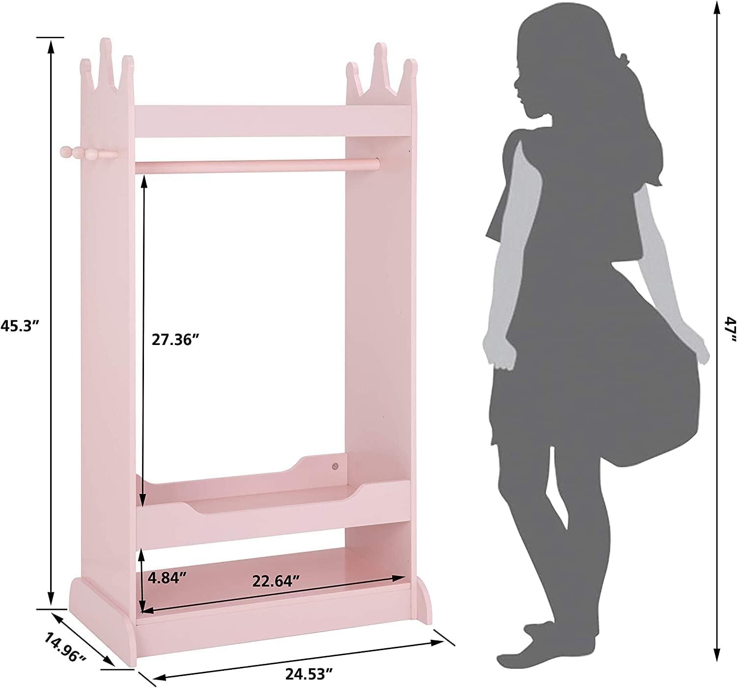 Kids Pink Costume Organizer with Mirror - Open Hanging Armoire Rack for Dress-Up Play and Storage