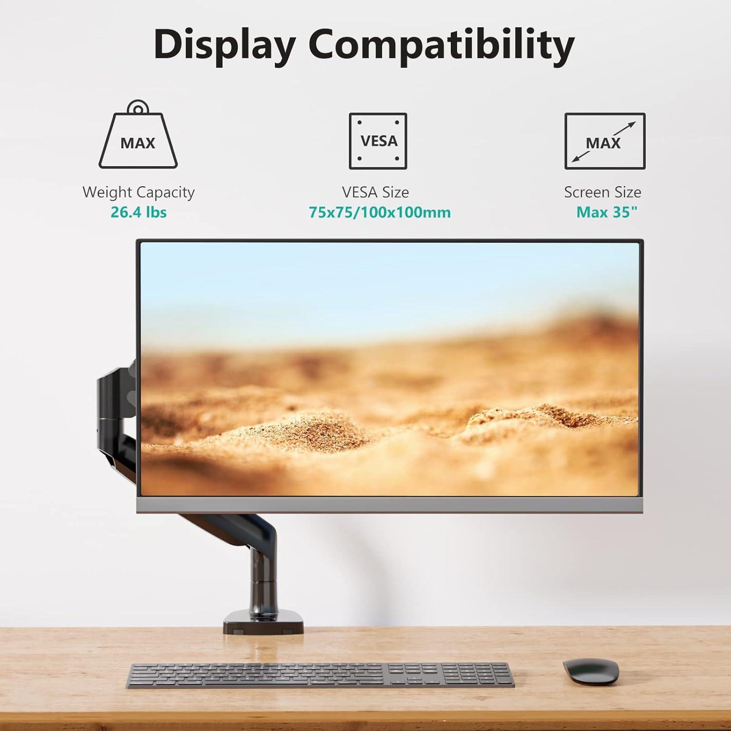 WALI Single Monitor Arm, Gas Spring Single Monitor Mount up to 35 inches and 26.4 lbs, Heavy Duty Monitor Arm Desk Mount, Ultrawide Monitor Mount Desk with C Clamp and Grommet Base (GSMP001XL), Black