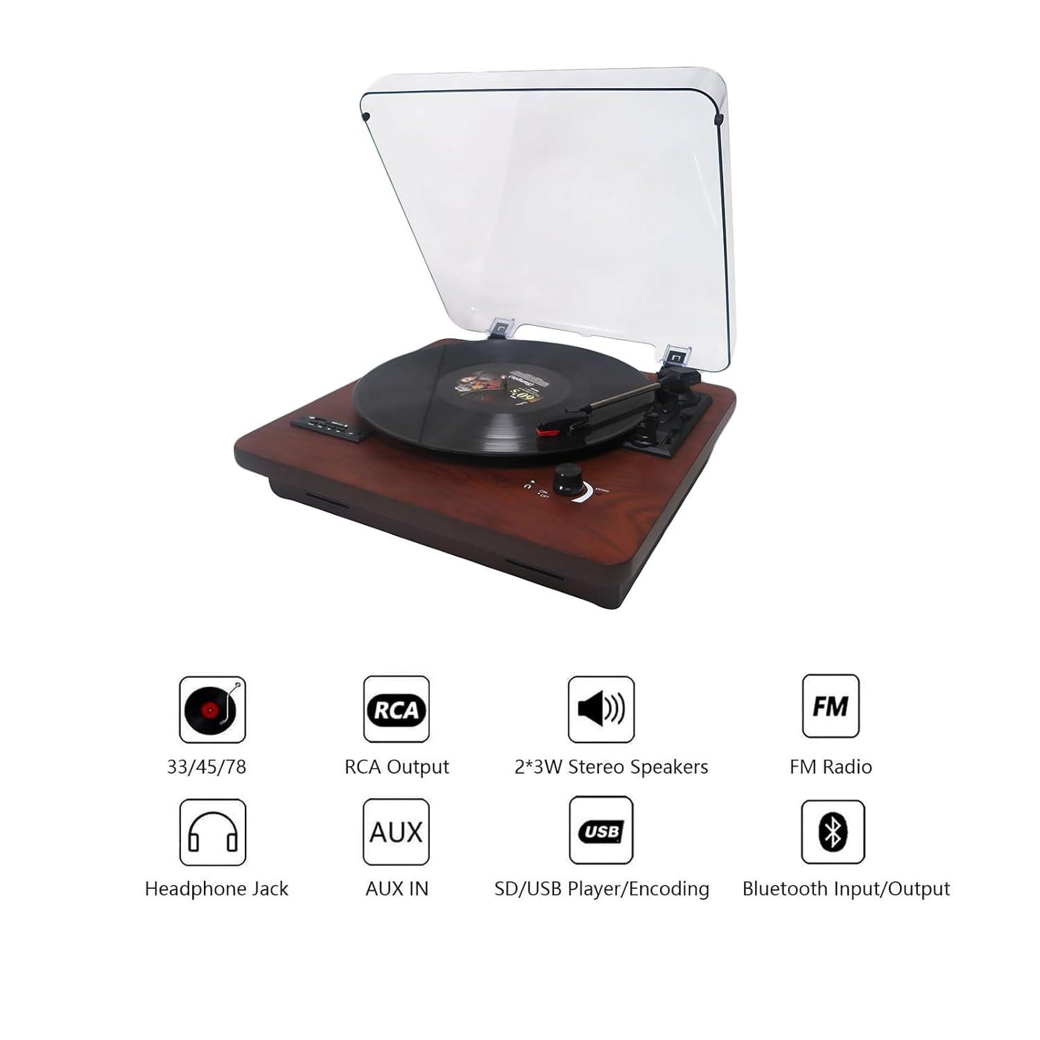 Bluetooth Record Player, 3 Speed Turntable with Built-in Speakers, Bluetooth Input & Output, FM Radio, USB/SD/MMC Support, RCA Output, AUX in, Earphone Jack
