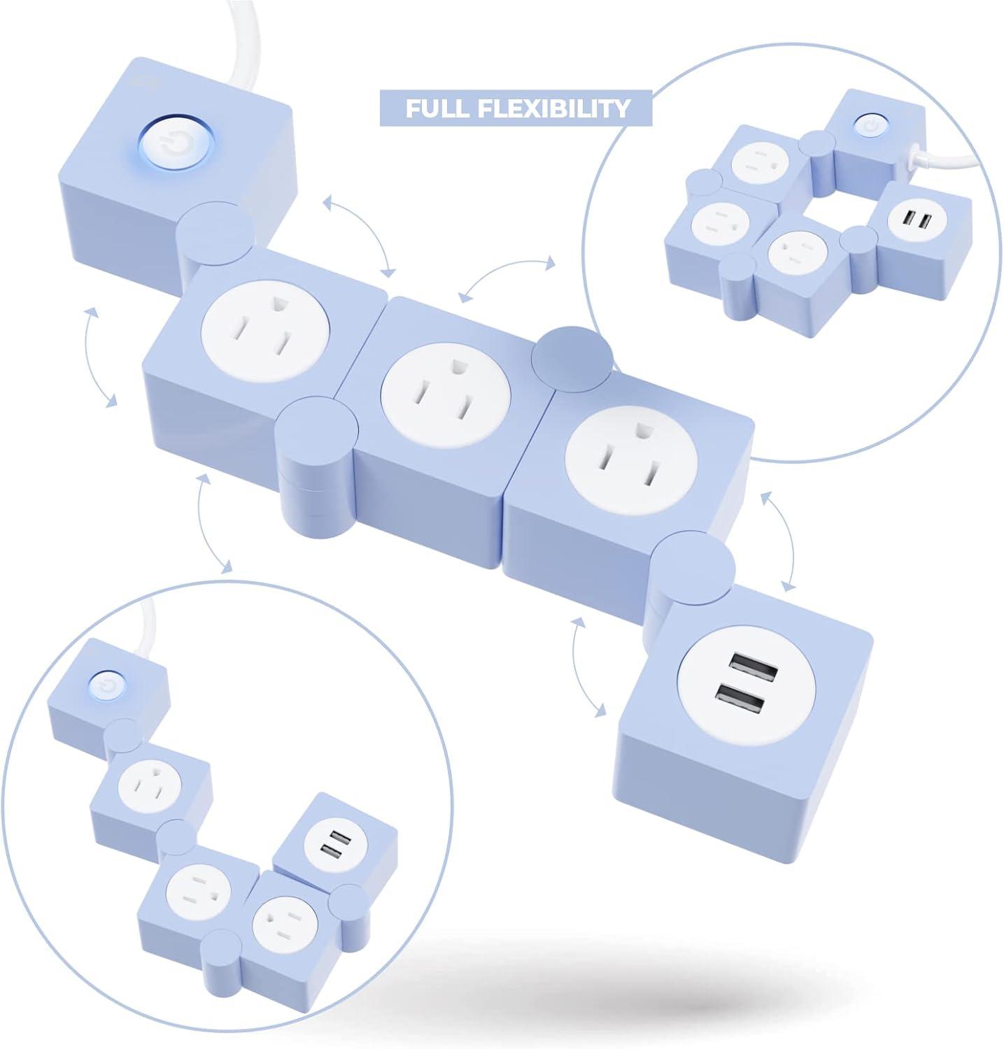 iJoy Power Strip  Surge Protector Outlet, Extension Cord, 3 Outlets, 2 USB Ports, 5Ft Cord (Blue)