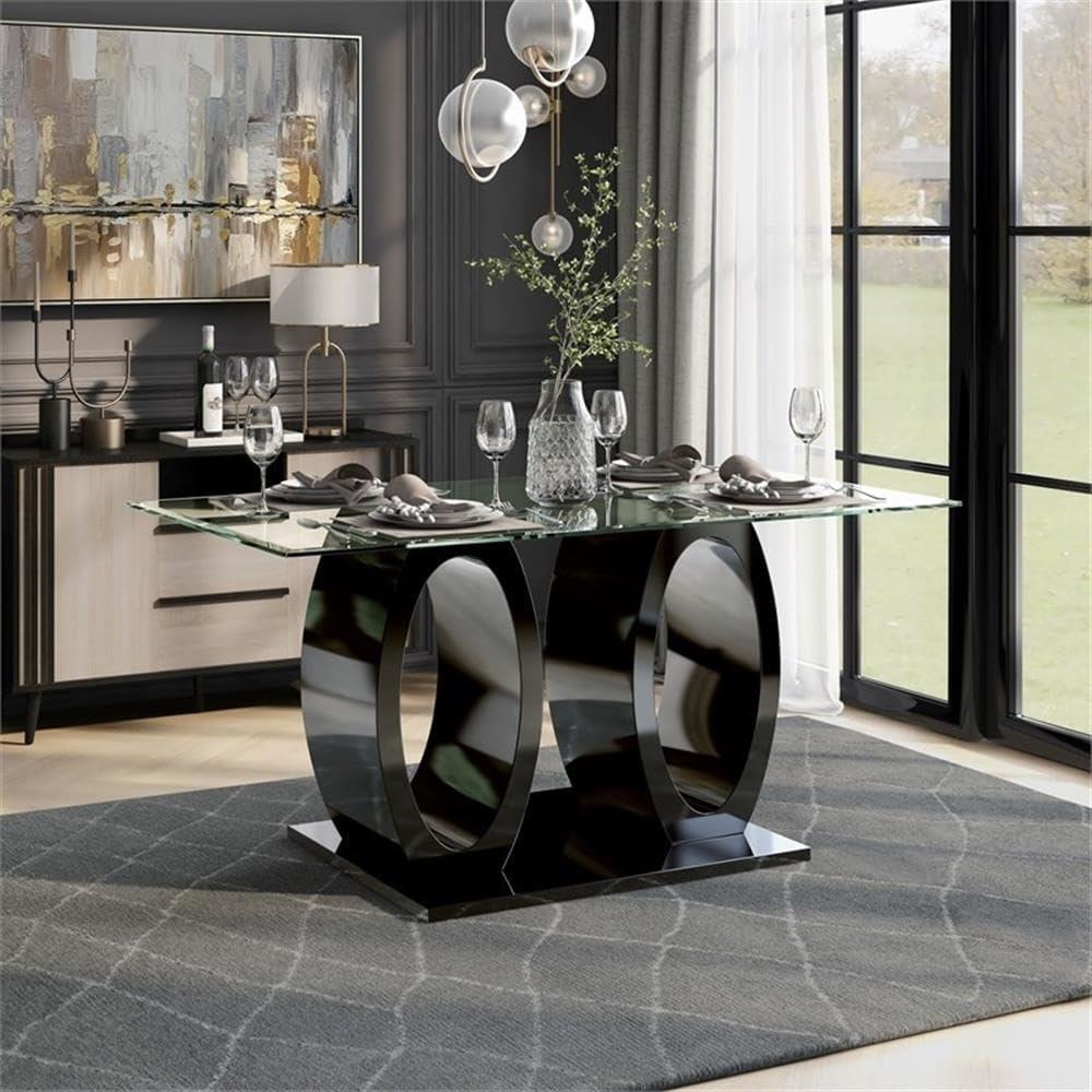 Bowery Hill Wood Contemporary Tempered Glass Top Dining Table in Black