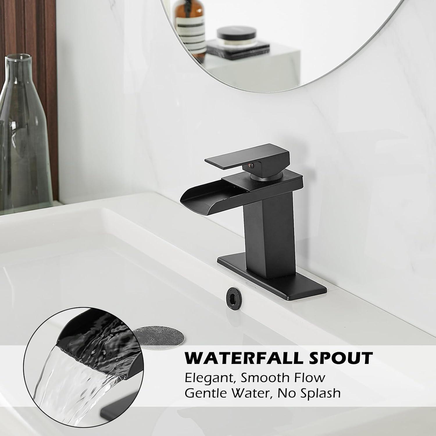 BWE Black Bathroom Faucet Waterfall Single Handle Bathroom Faucet One Hole Bathroom Sink Faucet with Supply Line Lavatory Vanity Mixer Tap Deck Mounted Matte Black