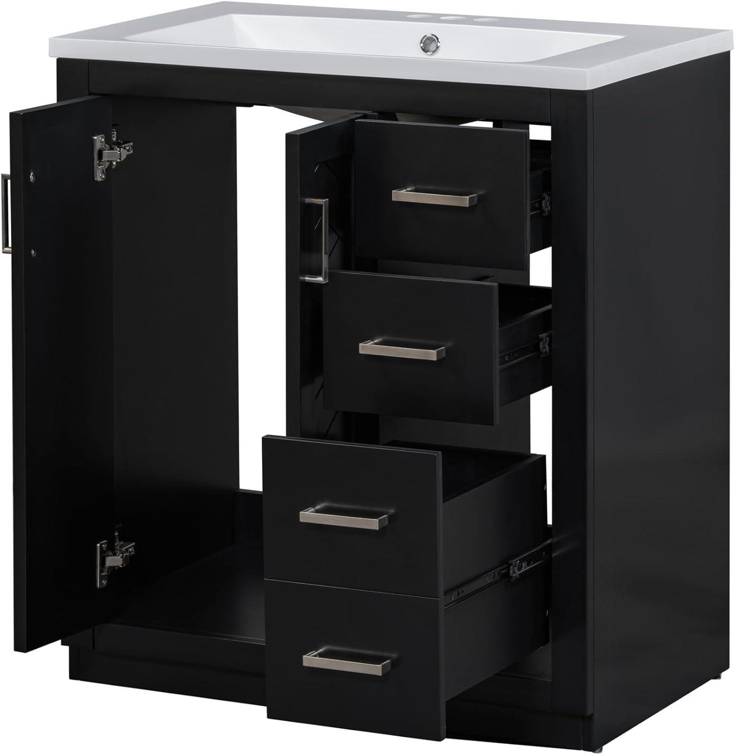30" Bathroom Vanity with Single Sink, Modern Bathroom Vanity with 3 Drawers & 2 Doors, Solid Wood Bathroom Storage Cabinet with Undermount Sink, Black
