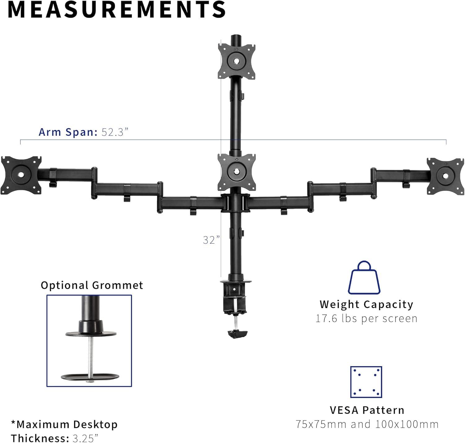 Articulating Quad Monitor Desk Mount with Heavy-Duty Steel, Adjustable Arms