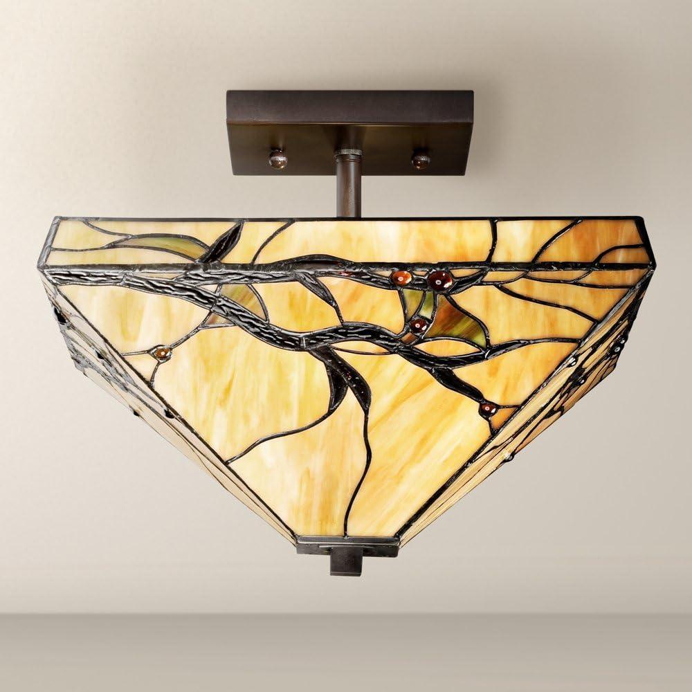 Robert Louis Tiffany Mission Rustic Ceiling Light Semi Flush Mount Fixture 14" Wide Bronze 2-Light Budding Branch Art Glass Shade for Bedroom Kitchen
