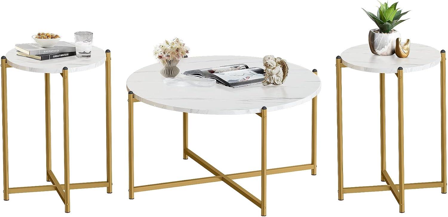 Modern White Faux Marble and Gold 3-Piece Coffee Table Set