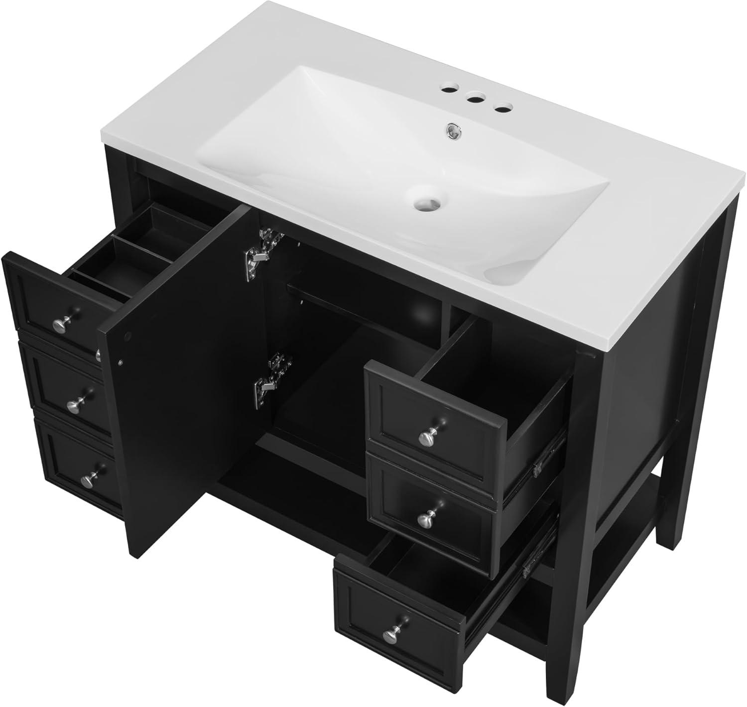 36" Bathroom Cabinet Vanity with Sink Combo, Bathroom Storage Cabinet with 3 Drawers and Two Doors, Solid Wood Frame and MDF Board (Black)