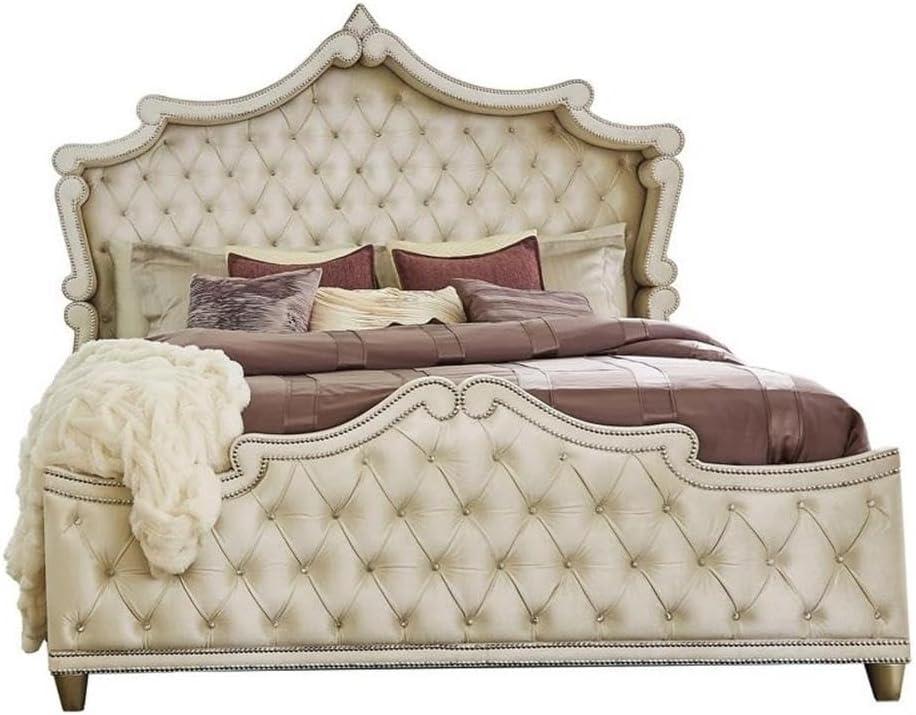 Ivory and Camel Velvet King Bed with Tufted Headboard