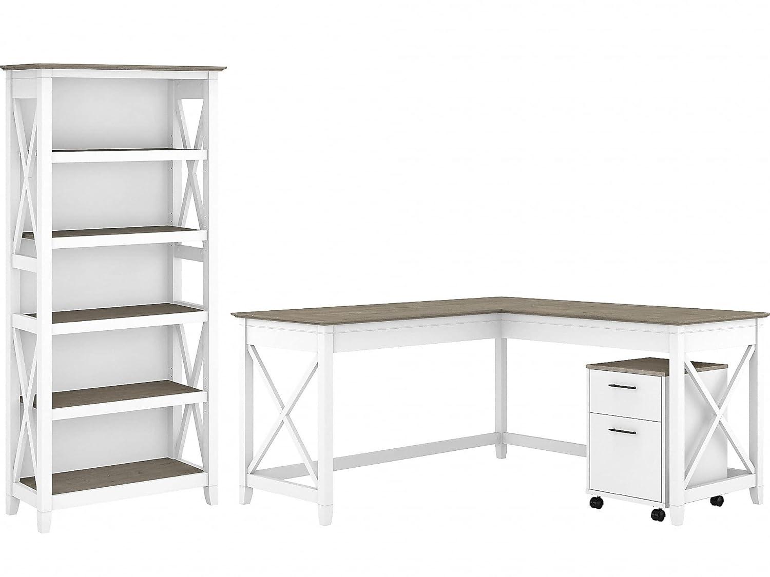 Key West L Desk with Drawers and Bookcase in White and Gray - Engineered Wood