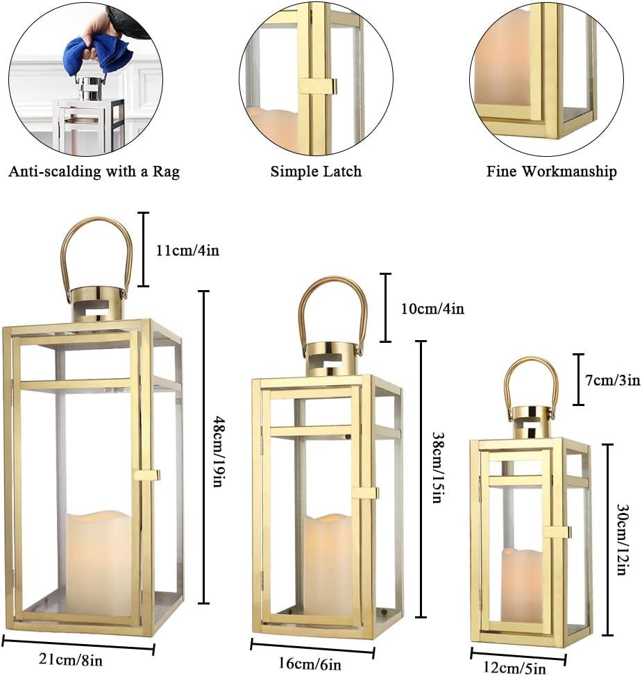 Set of 3 12/15/19 inch Metal Lanterns with Tempered Glass (Gold )
