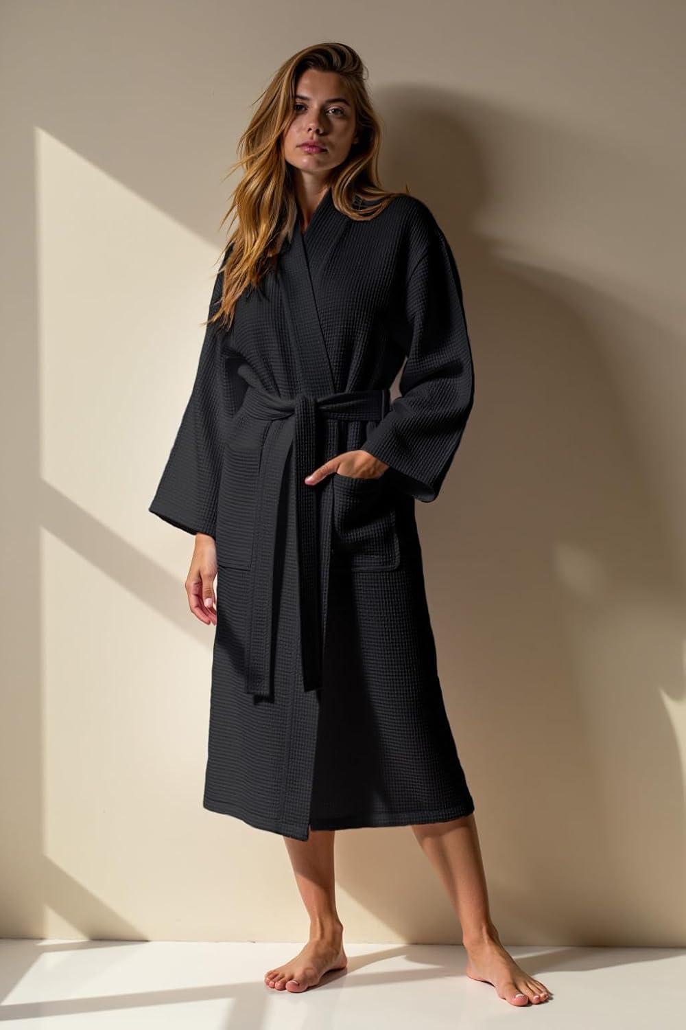 Turquaz Linen Lightweight Long Waffle Kimono Unisex Spa Robe (One Size, Black)