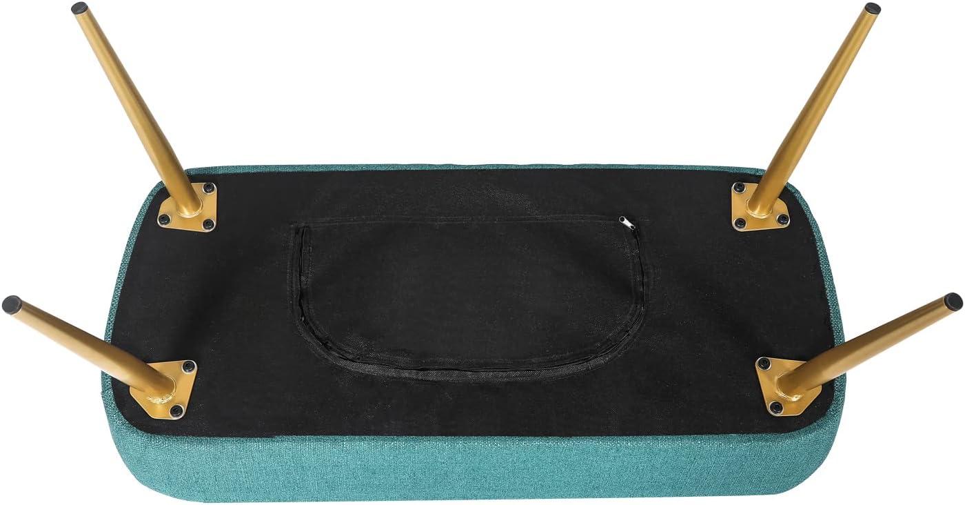 Adeco Upholstered Line PeacockGgreen Ottoman, 35 inch, End of Bed Footrest Stool with Golden Metal Legs for Bedroom, Living Room Entryway Bench, Peacock Green (KX0167-6)