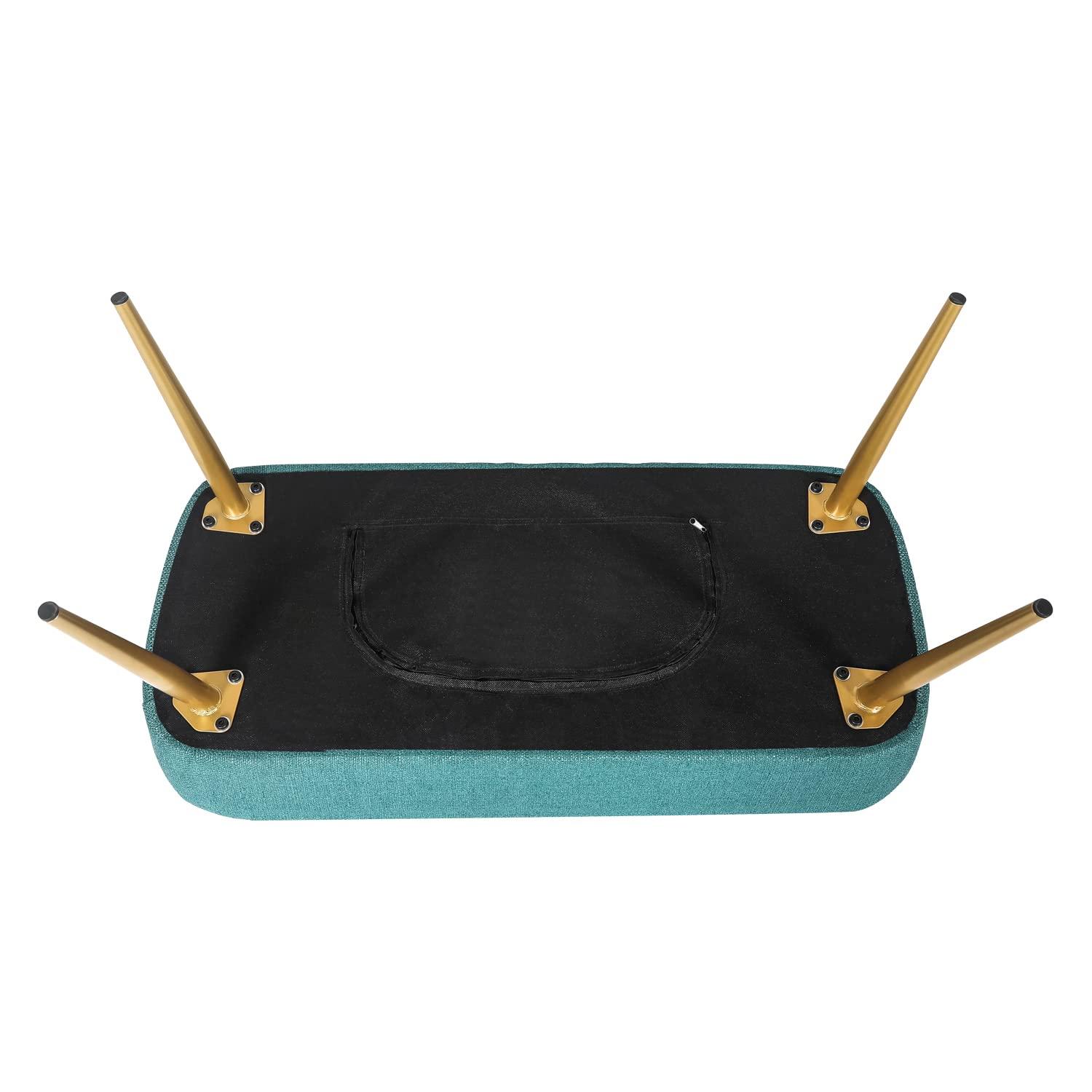 Adeco Upholstered Line PeacockGgreen Ottoman, 35 inch, End of Bed Footrest Stool with Golden Metal Legs for Bedroom, Living Room Entryway Bench, Peacock Green (KX0167-6)