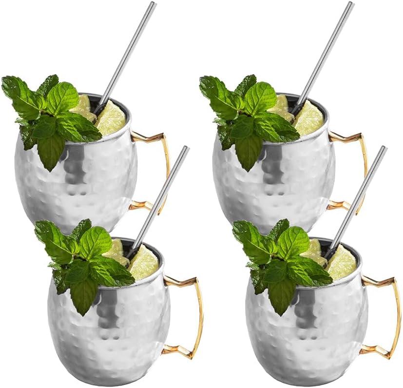 Sol Living Moscow Mule Mugs Set of 4, 14 oz Stainless Steel Lining Silver Cups Handcrafted Barware Set for Cocktails Mixed Drinks Bar Accessories Gift Set Hammered Finish Mugs Perfect for Cold Drinks