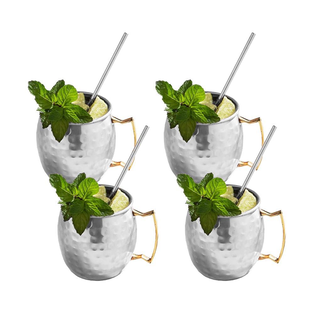 Sol Living Moscow Mule Mugs Set of 4, 14 oz Stainless Steel Lining Silver Cups Handcrafted Barware Set for Cocktails Mixed Drinks Bar Accessories Gift Set Hammered Finish Mugs Perfect for Cold Drinks