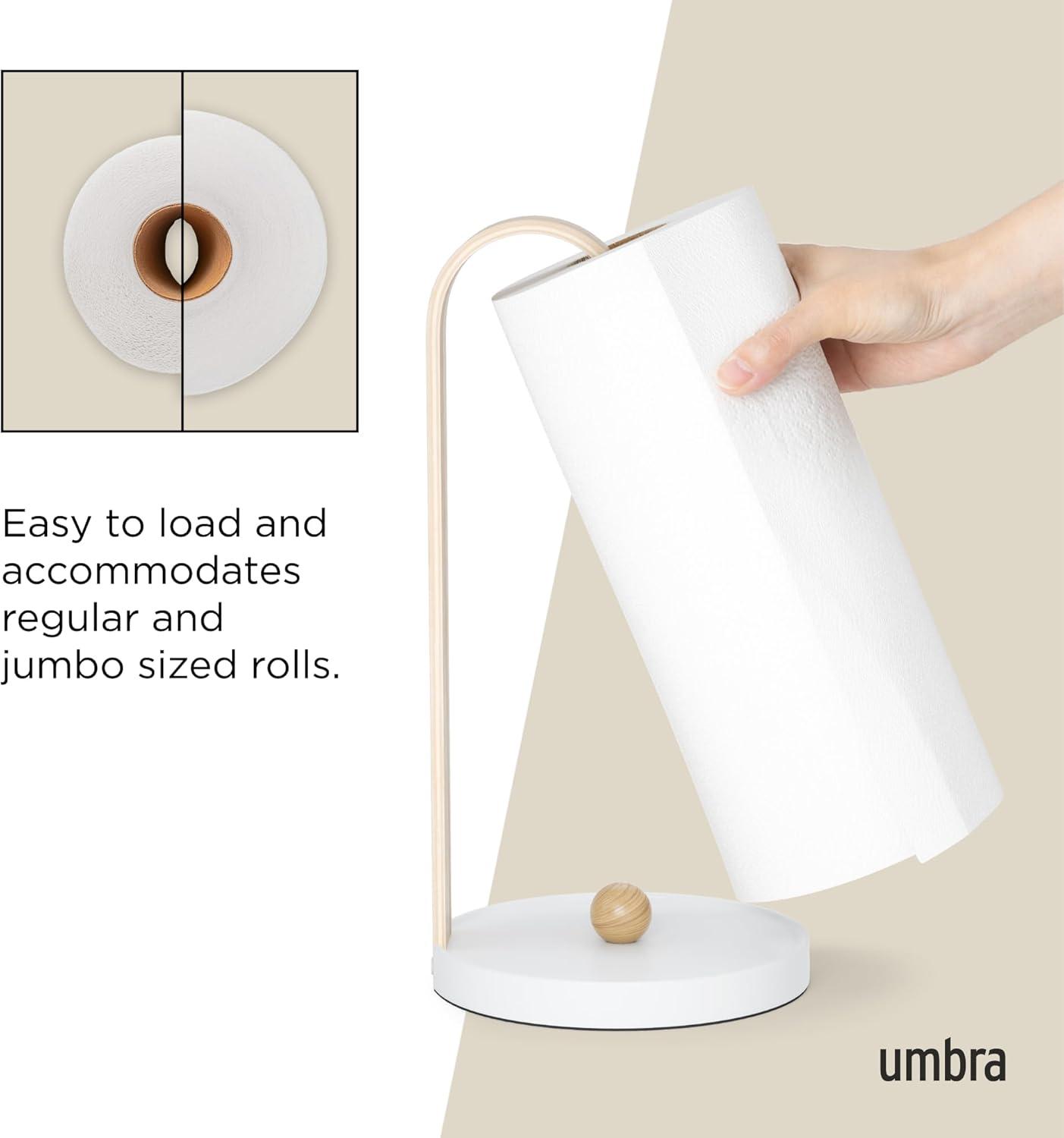 Umbra Bellwood Paper Towel Holder for Kitchen Countertop, with Real Wood Stand and Weighted Metal Base, White/Natural