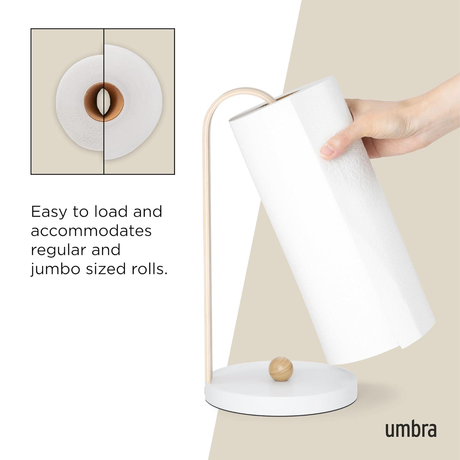 Umbra Bellwood Paper Towel Holder for Kitchen Countertop, with Real Wood Stand and Weighted Metal Base, White/Natural