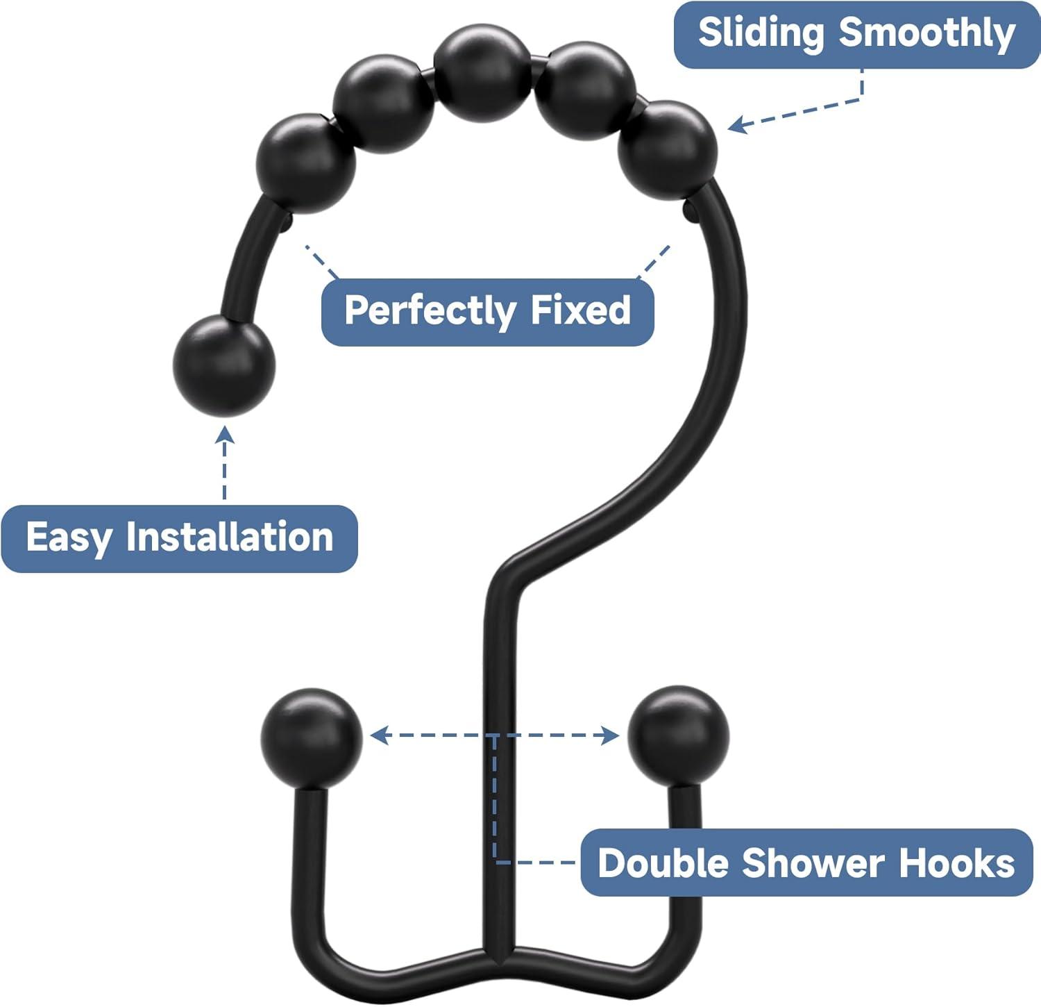 AmazerBath Black Shower Curtain Hooks Rings, Rust-Resistant Metal Double Glide Shower Hooks for Bathroom Shower Rods Curtains, Set of 12 Hooks - Matte Black