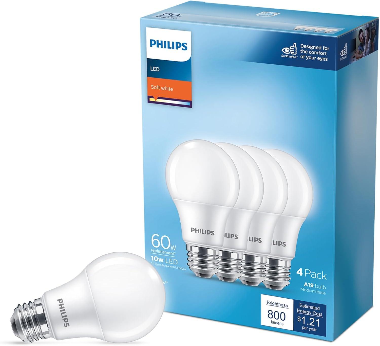 Philips LED 60-Watt A19 General Purpose Household Light Bulb, Frosted Soft White, Non-Dimmable, E26 Medium Base (4-Pack)