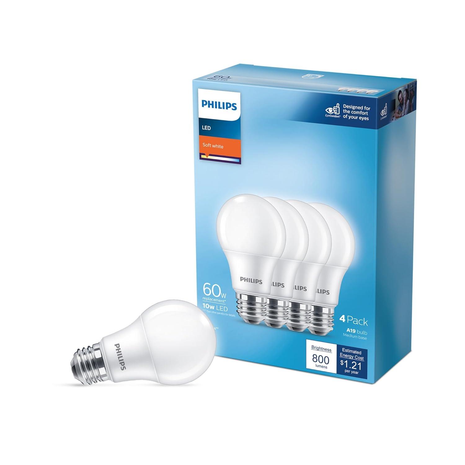 Philips LED 60-Watt A19 General Purpose Household Light Bulb, Frosted Soft White, Non-Dimmable, E26 Medium Base (4-Pack)