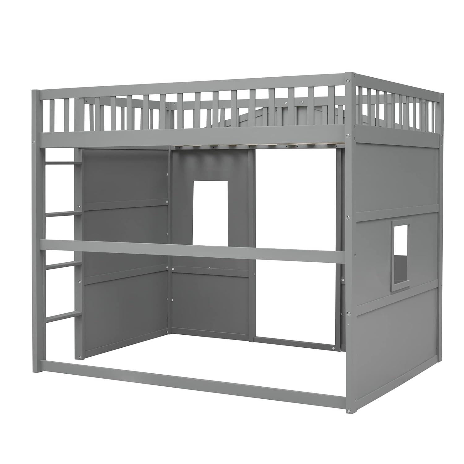 Full Size House Loft Bed Frame, Wooden House Shaped Bed Frame with Ladder, Windows and Safety Guardrails, Playhouse Loft Bed Frame for Bedroom Guest Room Dorm Apartment, Gray