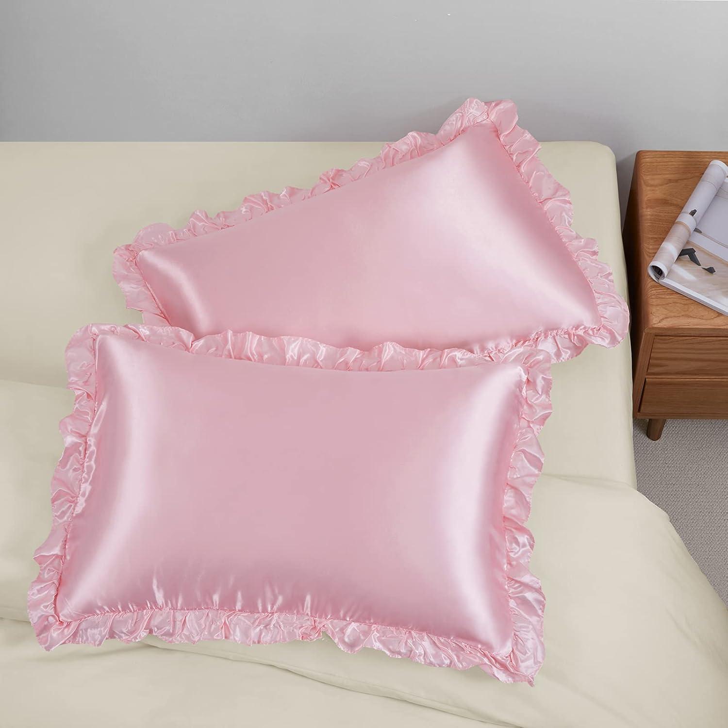 Blush Pink Satin Ruffled Standard/Queen Pillowcase Set