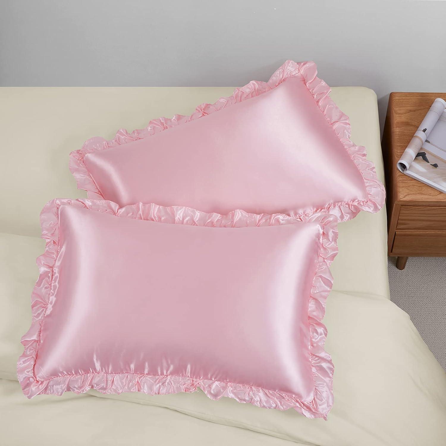 SiinvdaBZX Ruffled Queen Satin Pillowcase Set of 2, Blush Pink Silky Satin Pillow Cases for Women Ruffle Pillow Shams Covers Princess Room Decoration, with Envelope Closure