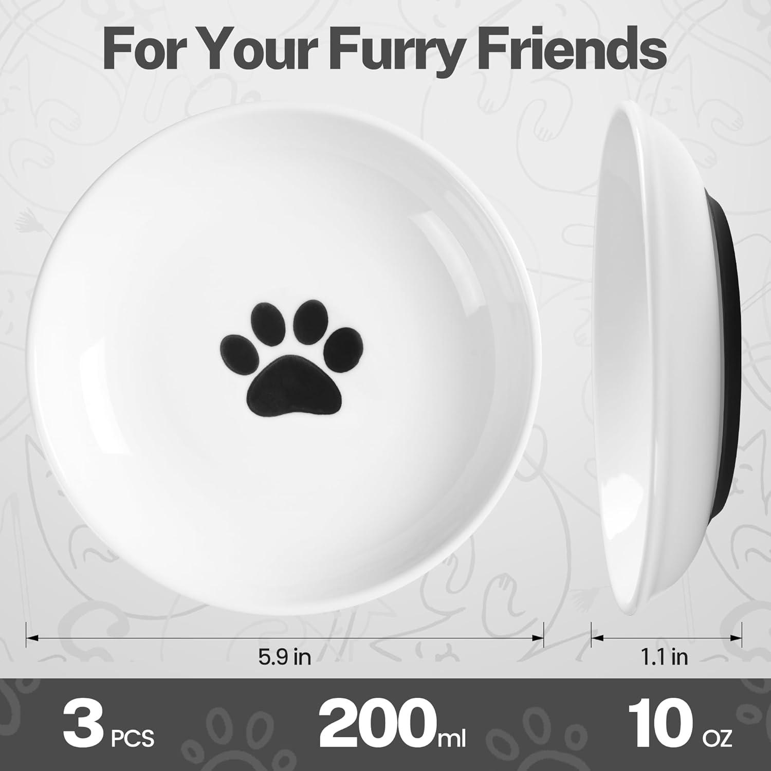 Cat Food Bowls, Whisker Friendly Ceramic Cat Bowls with Nonslip Silicone Bottom, Pack of 3 Quiet Cat Dishes and Plates for Feeding Indoor Cats, Kittens and Small Dogs-Style 1