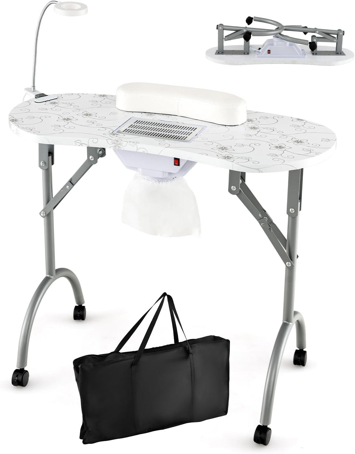 White Foldable Manicure Table with LED Lamp and Dust Collector